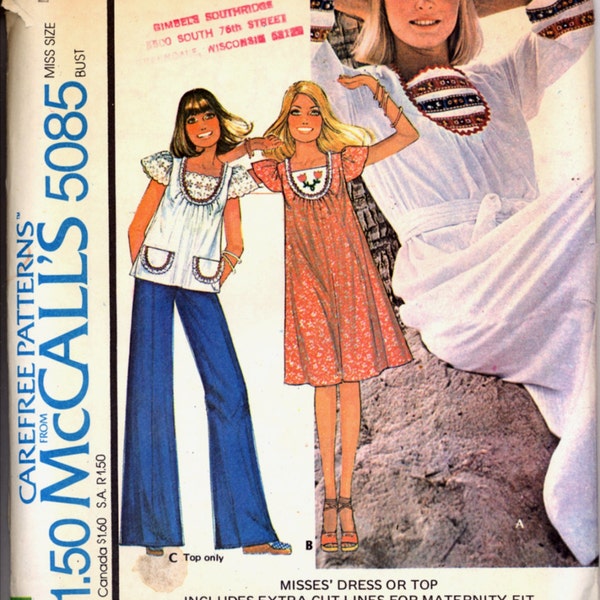 Uncut 1970s Smock Top Dress McCalls 5085 Maternity Size M Bust 36 38 Caftan Vintage Sewing Pattern