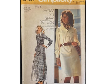 Uncut 1970s Size 12 Bust 34 Front Zipper Shirt-Dress in Two Lengths Simplicity 5151 Vintage Sewing Pattern Pockets Shirtdress How To Sew
