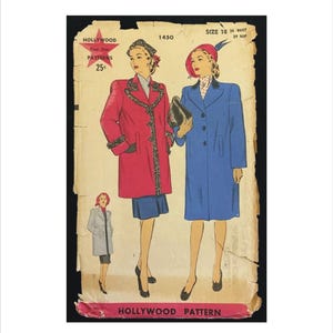 May include: Vintage Hollywood Pattern featuring illustrations of women in coats. One woman wears a red coat with black trim, the other a blue coat. The pattern is marked "1450" and "25¢". The size is 18, with a 34-inch bust and 39-inch hip.