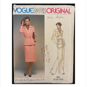 May include: A vintage Vogue Paris Original sewing pattern for a suit by Pierre Balmain. The pattern is for a jacket and skirt or pants. The pattern number is 1601.