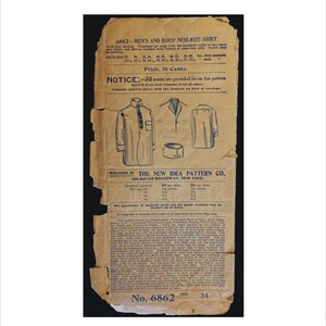 May include: Vintage paper pattern for a men's and boys' negligee shirt, number 6862, from The New Idea Pattern Co. The pattern includes illustrations and instructions. The price is 10 cents.