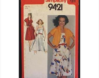 Part Cut 1980s Size 14 Bust 36 Sundress, Bolero Jacket Simplicity 9421 Vintage Sewing Pattern Side Seam Pockets Tie Belt