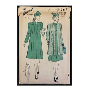 May include: An Advance Pattern 2447 sewing envelope for a boxy coat, size 16, bust 34, hip 37. The illustration shows two figures wearing green coats and hats, with a small line drawing of the back view of the coat at the bottom left corner.