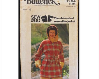 Uncut 1970s Size 12 Bust 34 Reversible Wrap Jacket Obi Sash Butterick 4492 Vintage Sewing Pattern Hood Sew & Go