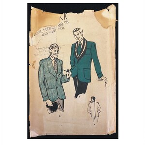 May include: Vintage Sears, Roebuck and Co. pattern envelope featuring illustrations of men's suit jackets. The jackets are in shades of green and blue, with a classic design. The envelope is aged, with visible wear and tear.