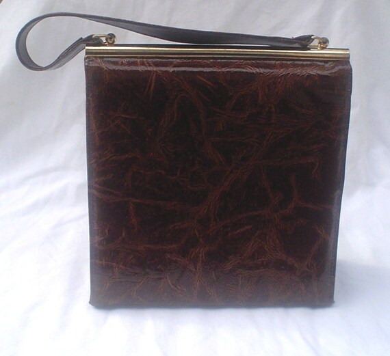 50s 60s Brown Textured Vinyl Handbag Vintage Fram… - image 3