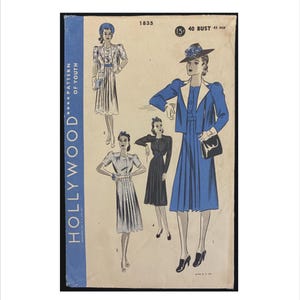 May include: Vintage Hollywood Pattern of Youth sewing pattern featuring illustrations of women's dresses and suits. The cover is blue and cream with the number 1835 and measurements for bust and hip.