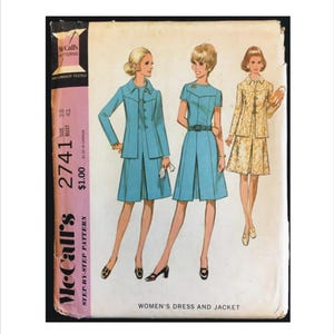 May include: Vintage McCall's sewing pattern 2741 showing illustrations of women's dresses and jackets. The cover displays three women in various outfits, including a blue suit and a patterned jacket. The pattern includes sizes 38 and 42.