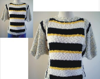 1980s Size Small Bust 32 34 Duet Short Dolman Sleeve Striped Vintage Sweater Hong Kong Grunge Slub Yarn Retro S