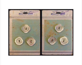 Lot 6 Shaped Square 2 Hole Pearl Ultra Kraft Buttons Size 3/4 inch USA Mother Of Card Carved Vintage Issue