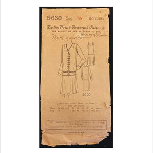 May include: Vintage Ladies' Home Journal Pattern envelope, featuring a dress design with a long-sleeved jacket and a sleeveless dress. The envelope is tan with text and illustrations, including bust and hip measurements in inches.