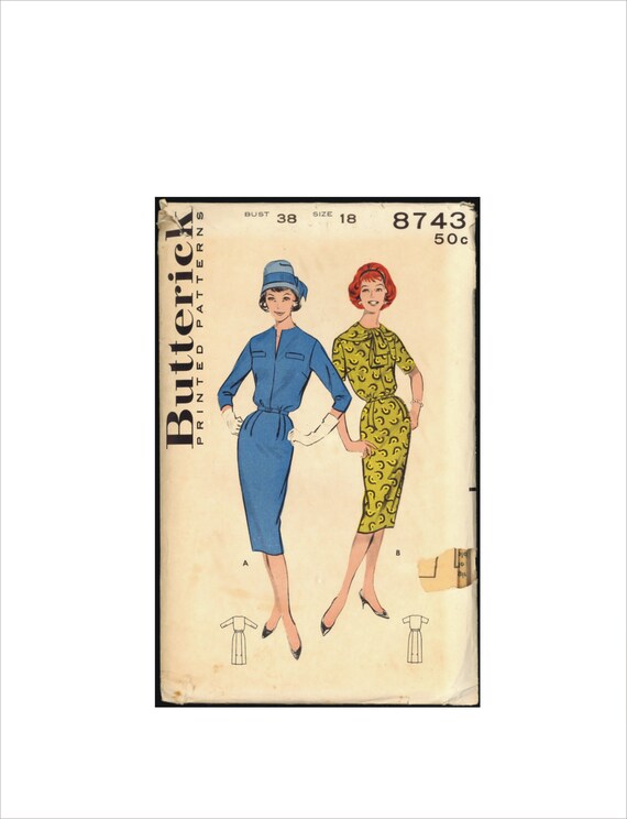 Part Cut 50s Size 18 Bust 38 Blouson Dress Two Versions Butterick 8743 Vintage  Sewing Pattern 1950s Mid Century Kick Pleat