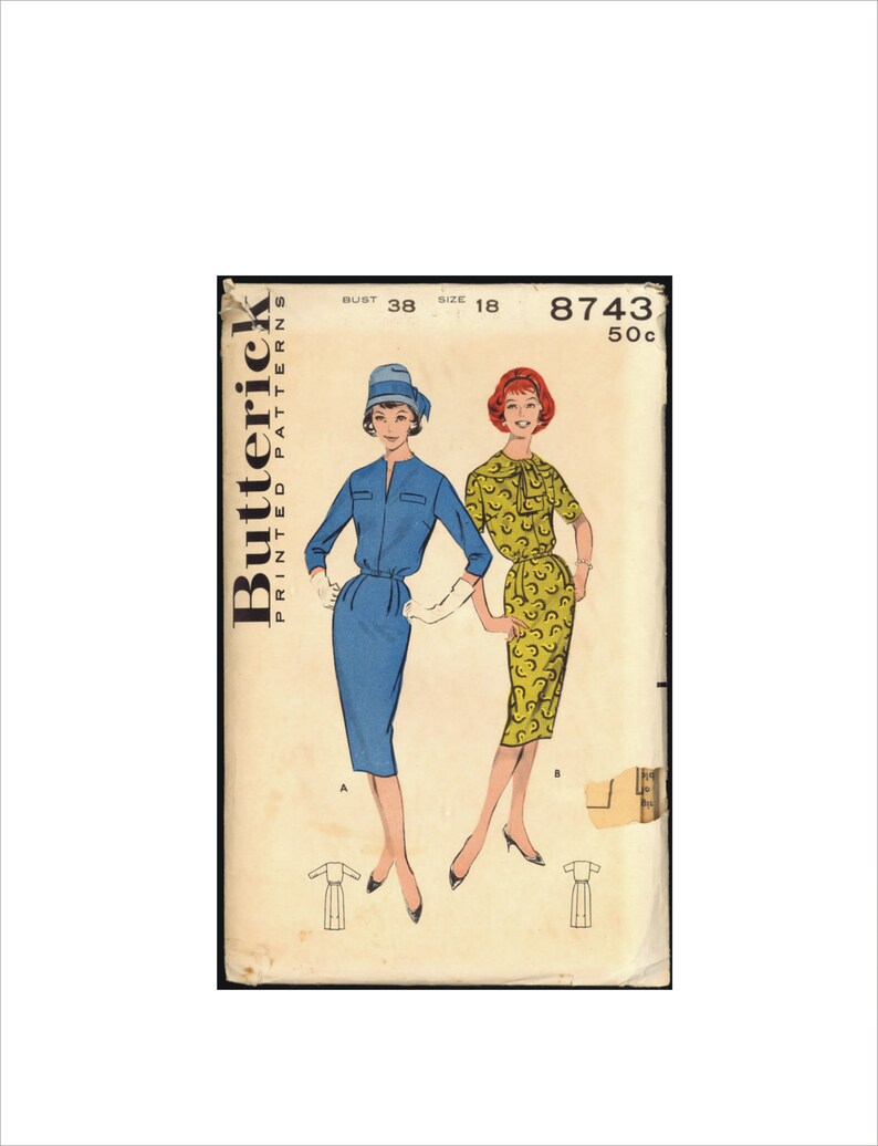 May include: Vintage sewing pattern for a dress, featuring two women wearing different styles of dresses. The pattern is from Butterick, number 8743, and is for a bust size of 38 and size 18. The dress on the left is blue, and the dress on the right is yellow with a floral pattern.