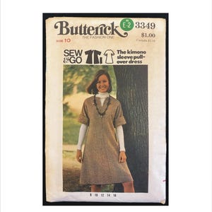 May include: A vintage Butterick 3349 sewing pattern envelope for a kimono sleeve pullover dress, size 10. The cover features a photograph of a person wearing a brown textured dress over a white turtleneck, with the text Sew & Go included.
