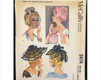 Uncut 1960s One Size 3 Hats Nightcap Curler Bag McCall’s 2474 Vintage Sewing Pattern Circlet Chapel Petal Wright Education Service Not Copy