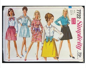 Uncut 1960s Size 12 Bust 34 Front Button Mini Dress Simplicity 7722 Vintage Sewing Pattern Side Zipper Bow