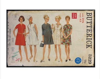 1969 Size 20 1/2 Bust 43 Slit Neck Dress Butterick 5229 Vintage Sewing Pattern Sleeve Variations