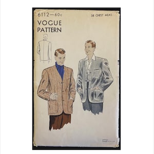May include: A vintage Vogue sewing pattern for a jacket, pattern number 6112-60c, for a 38 inch chest measurement. The pattern shows two men wearing jackets, one in brown and one in blue.