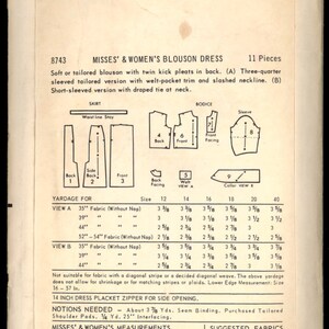 May include: A vintage sewing pattern for a women's blouson dress with a short or three-quarter sleeve. The pattern includes instructions for a draped tie at the neck, welt-pocket trim, and slashed neckline. The pattern is for sizes 12-40 and requires 3 3/8 to 3 5/8 yards of fabric.