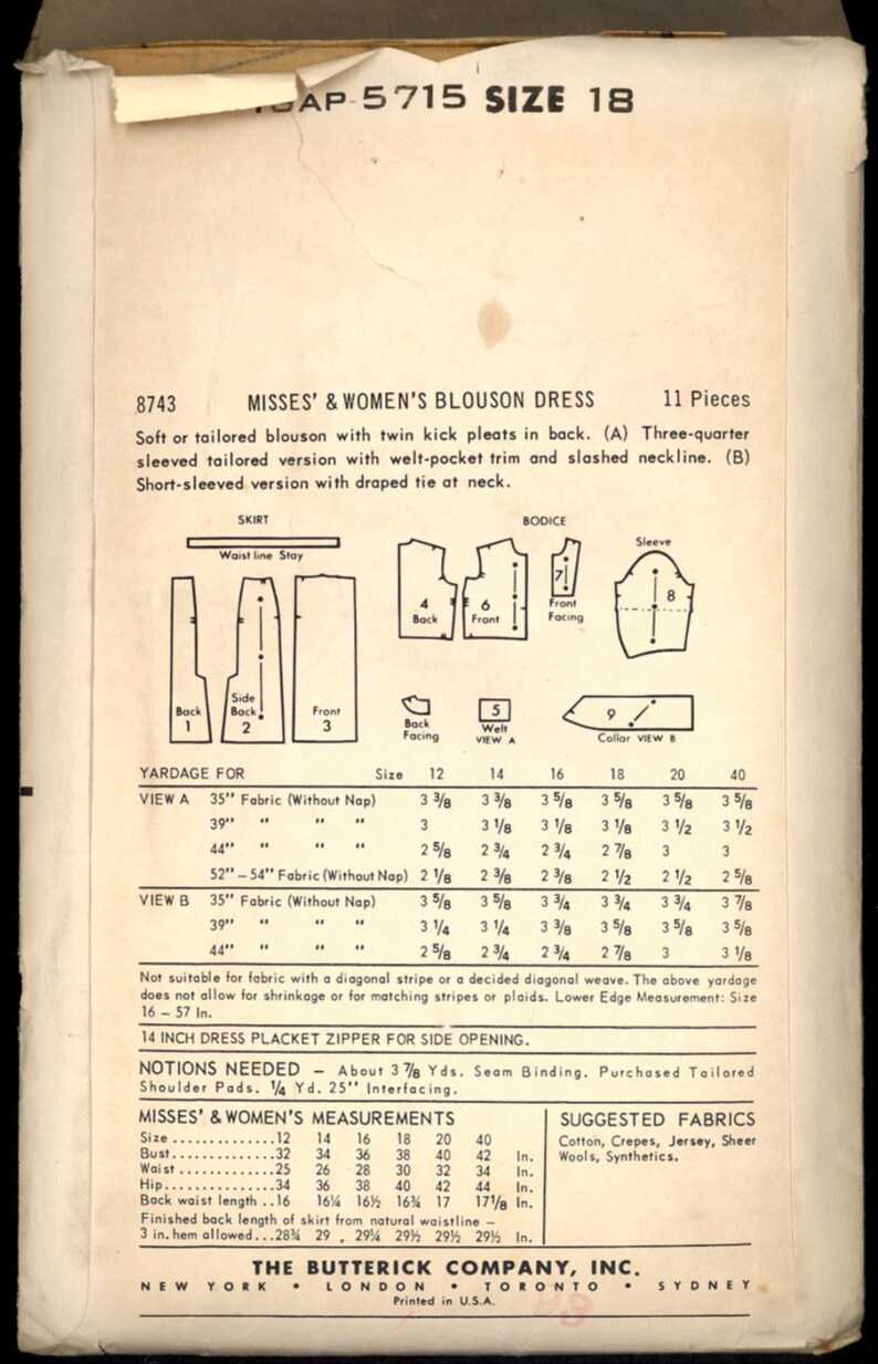 May include: A vintage sewing pattern for a women's blouson dress with a short or three-quarter sleeve. The pattern includes instructions for a draped tie at the neck, welt-pocket trim, and slashed neckline. The pattern is for sizes 12-40 and requires 3 3/8 to 3 5/8 yards of fabric.
