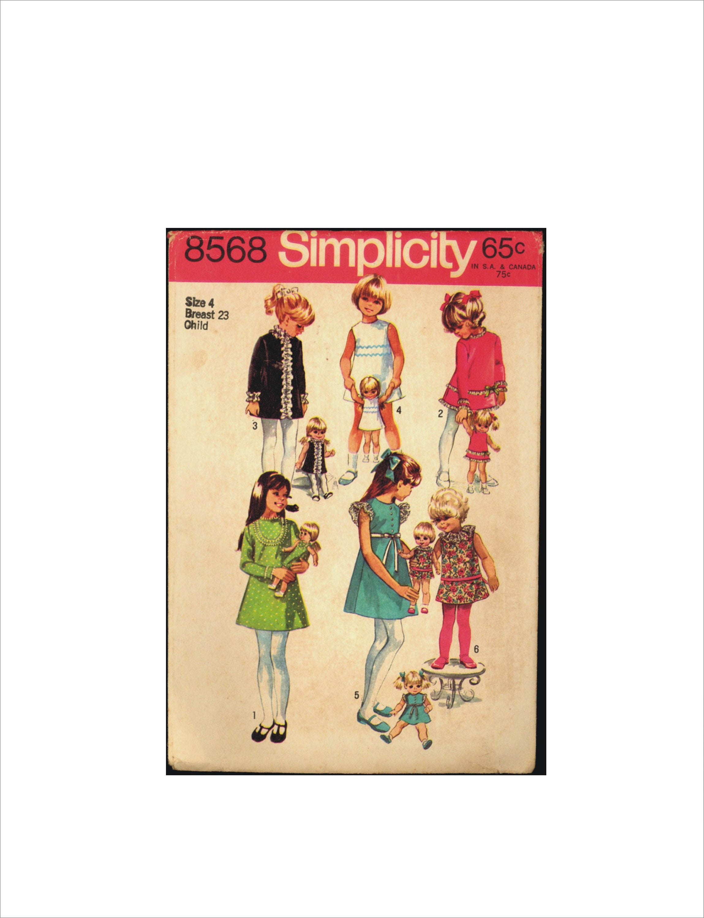 Part Cut 60s Size 4 Breast 23 Girls Mini Dress and Dolls Dress Simplicity 8568 Vintage Sewing Pattern 1960s