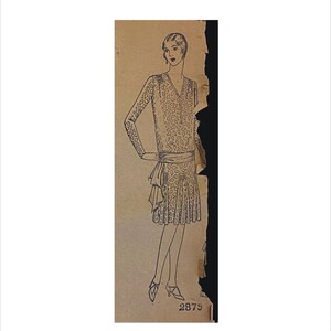 May include: A black and white line drawing of a woman wearing a dress with a geometric pattern. The dress has a V-neckline and a sash tied at the waist. The woman is wearing shoes with heels. The number 2879 is printed below the drawing.