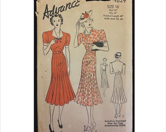 Uncut 1930s Size 16 Bust 34 Belted Dress Advance 1829 Vintage Sewing Pattern Frock 8 Gore Skirt Left Side Closure Bound Buttonhole Not Copy