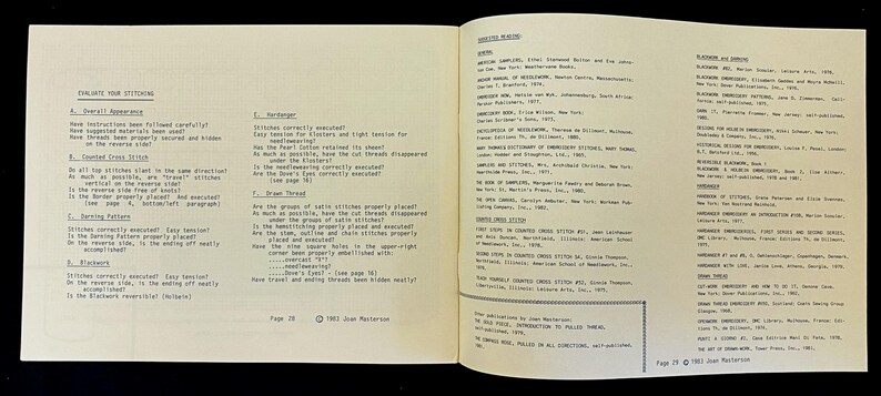 May include: Open book pages with text, featuring sections on evaluating stitches and a list of publications. The pages are off-white with black text. The book is open on a black surface.