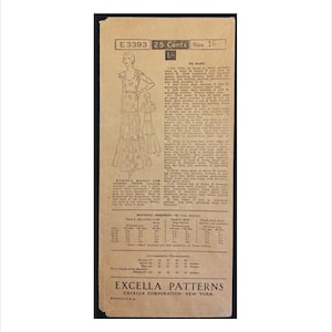 Può includere: Modello di cucito Excella Patterns vintage. Il modello presenta un disegno di un abito lungo con un motivo floreale. Il modello è taglia 16 e costa 25 centesimi. Excella Corporation di New York ha stampato il modello.