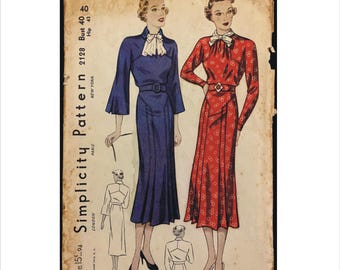 Uncut 1930s Size 40 Bust 40 Dress Sleeves & Collar Variations Simplicity 2128 Vintage Sewing Pattern Belt Yoke