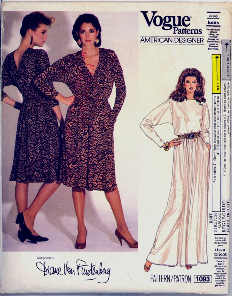 Jaren 1970 Maat 10 Buste 32 Diane Von Furstenberg Wrap Dress Vogue 1093 Avond DVF Vintage Naaipatroon 70s afbeelding 1