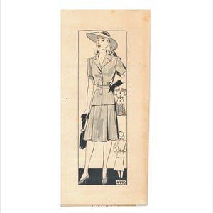 May include: A black and white vintage fashion illustration depicting a woman in a striped suit, hat, gloves, and handbag. A small sketch of a similar outfit and the number 4996 are also included.