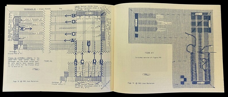 May include: Open book pages with detailed blue diagrams and text. The left page features diagrams labeled "Technique #1 - Street Thread" and "Figure #1". The right page shows a stitched version of Figure #1. Text includes "1983 Joan MacPherson".