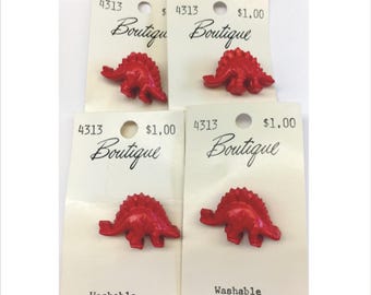 Lot 4 Figural Dinosaur Boutique Buttons Red Size 1 1/4 inch Style 4313 Plastic Vintage Shank Card