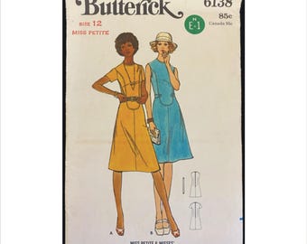 Uncut 1970s Size 12 Bust 34 Petite Semi Fitted A-Line Dress with Inset Butterick 6138 Vintage Sewing Pattern