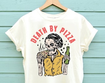 T-shirt Death By Pizza, pizzashirt heren, pizza-T-shirt, shirt met pizzaprint in drie kleuren