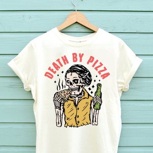 T-shirt Death By Pizza, pizzashirt heren, pizza-T-shirt, shirt met pizzaprint in drie kleuren