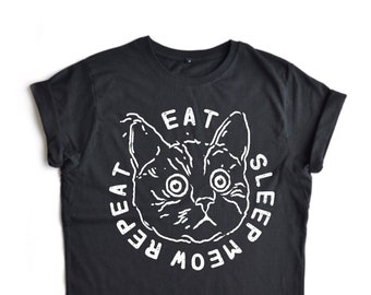 Eat Sleep Cat Tshirt, Cat Lovers Shirt, Black Cat Shirt, Cat Print Shirt In Three Colours