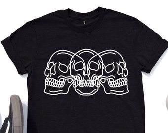 Triple Skull T-Shirt, Monoline Graphic Tee, Unisex Cotton