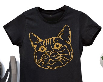 Cat Head Shirt, Women's Cat Tshirt, Cat Tee, In Black With Two Print Colours