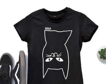 Ninja Cat Shirt, Cat Tshirts, Graphic Tee, Womens Shirts, T-Shirt, Cat Print Shirt, Womens Tshirts