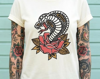 Traditional Snake & Rose Tattoo Graphic Tee, Edgy Alt Fashion Shirt