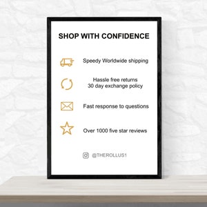 Puede incluir: Gr&aacute;fico en blanco y negro con el texto "SHOP WITH CONFIDENCE" en un cuadro blanco. El gr&aacute;fico incluye cuatro iconos: un cami&oacute;n de reparto, una flecha circular, un sobre y una estrella. El texto debajo de cada icono describe el beneficio de comprar con confianza: Env&iacute;o r&aacute;pido a todo el mundo, Devoluciones sin problemas Pol&iacute;tica de cambio de 30 d&iacute;as, Respuesta r&aacute;pida a las preguntas, M&aacute;s de 1000 rese&ntilde;as de cinco estrellas. El gr&aacute;fico tambi&eacute;n incluye el texto "@THEROLLUS1".