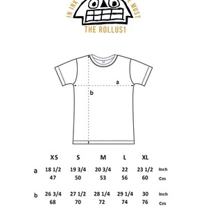 Puede incluir: Tabla de tallas para una camiseta con medidas en pulgadas y cent&iacute;metros. La tabla muestra las medidas del pecho (a) y la longitud (b) de la camiseta en las tallas XS, S, M, L y XL.