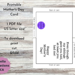 Printable Mother's Day Greeting Card, Funny Mother's Day Card, 5x7 ...