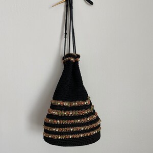 1940’s crocheted handbag black and gold metallic multi color beads drawstring purse theater costume unique vintage purse collectible vintage