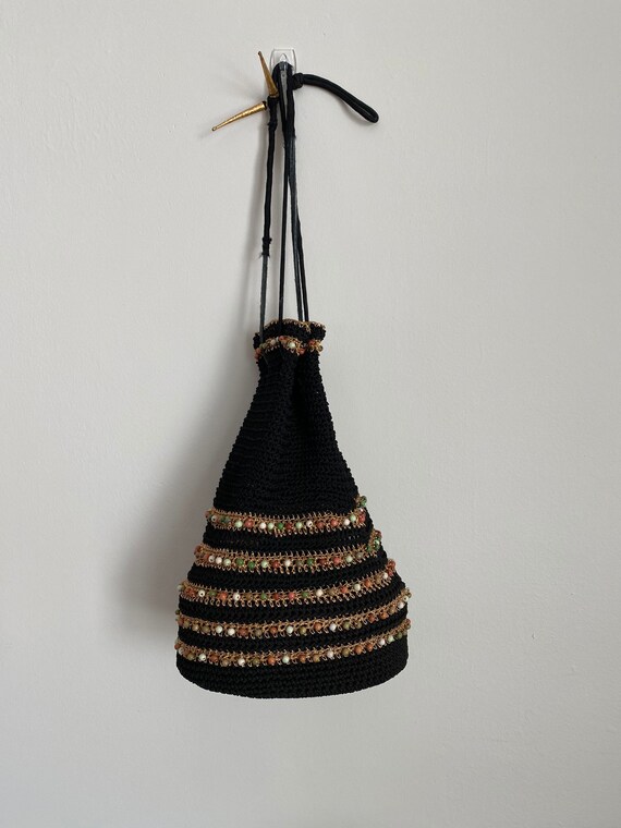 1940’s crocheted handbag black and gold metallic m