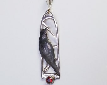 Raven Pendant With Natural Garnet - Blackbird in Nickel Free 925 Sterling Silver - Handcrafted by Master Jeweler Stephanie Long 30 years Exp