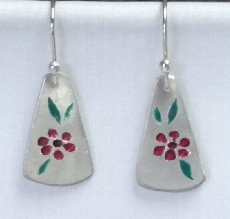 Handcrafted by Master Juried Jeweler Stephanie Long USA Handcarved and Handpainted Silver Dangle Earrings Carved Flower Enamel Earrings