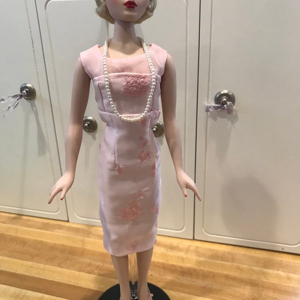 Pink embroidered sheath dress and satin shrug style jacket for Gene doll